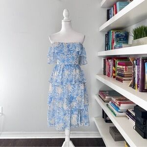 Amanda Uprichard Venezia blue & cream off shoulder midi dress size XS